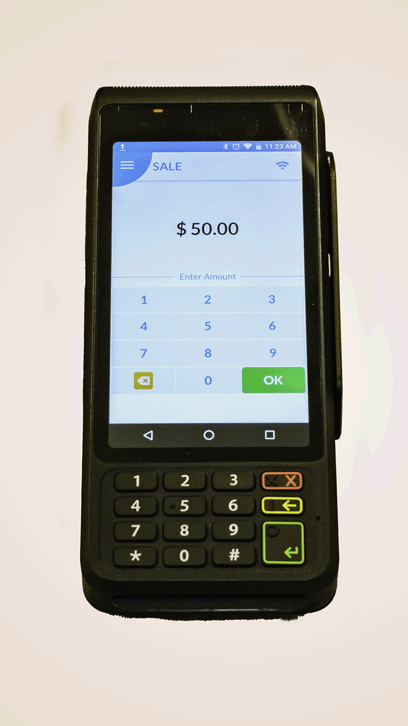 Debit transaction terminal showing a $50 transaction with no surcharge applied