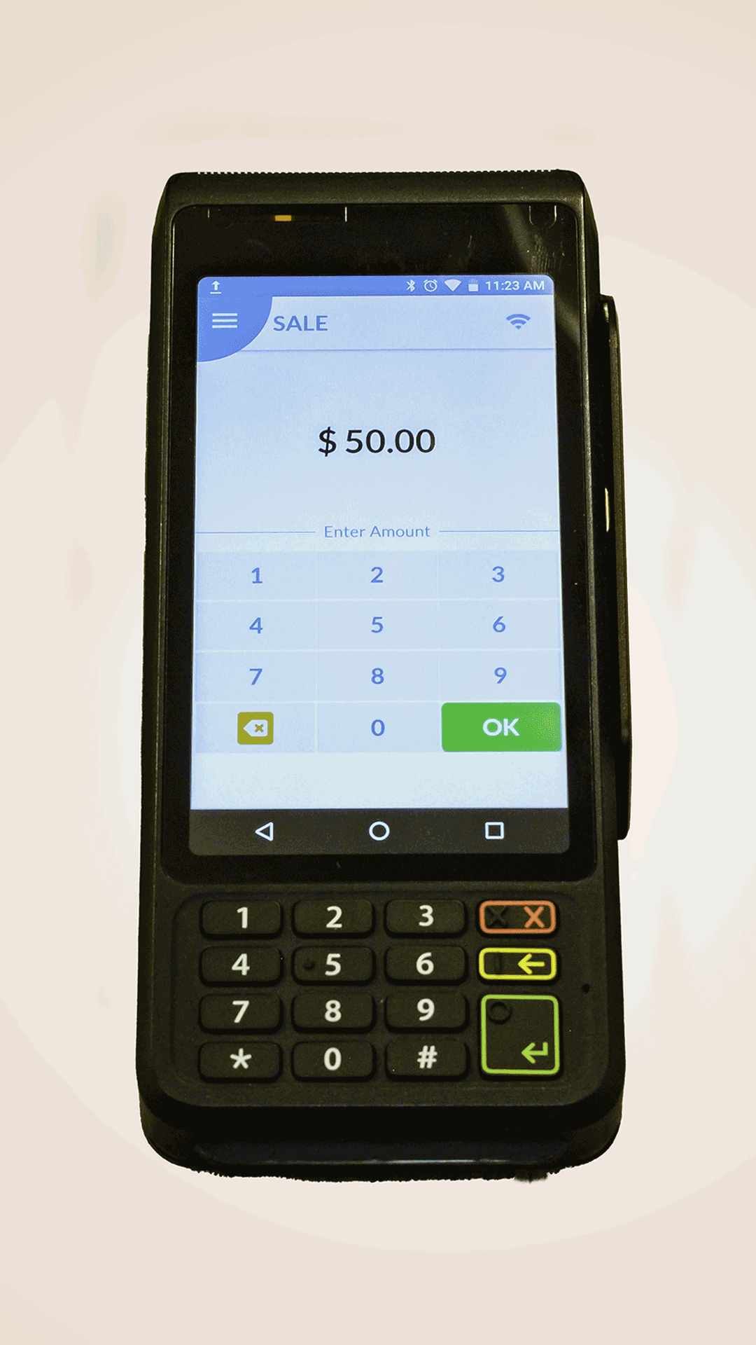 iPOS Pays Payment terminal showing a $50 transaction to illustrate how easy surcharging is as 1, 2, 3.